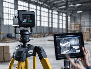 Laser scanner e um tablet em um galpão que será feito um escaneamento